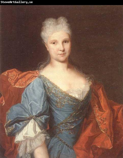 unknow artist Portrait of a lady,half-length,wearing a blue embroidered dress with a scarlet mantle